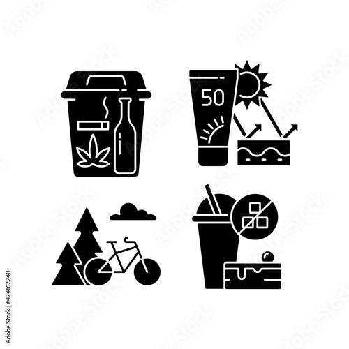 Healthy habits black glyph icons set on white space. Quitting bad habits. Skin protection. Outdoor activity. No added sugar. Change lifestyle. Silhouette symbols. Vector isolated illustration