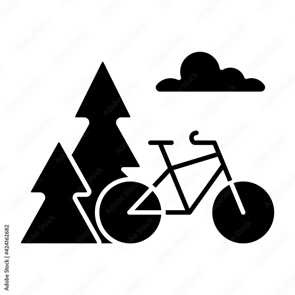 Outdoor activities black glyph icon. Outside exercise. Riding bike in nature. Bicycle activity. Healthy lifestyle. Recreation in park. Silhouette symbol on white space. Vector isolated illustration