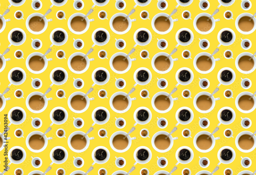 A pattern with different coffee mugs on a yellow background. Top view. A pattern with different coffee mugs on a yellow background. Top view.