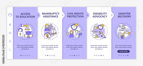 Legal services types onboarding vector template. Responsive mobile website with icons. Web page walkthrough 5 step screens. Access to education color concept with linear illustrations