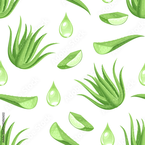 Seamless pattern with aloe vera plant, green cut leaves, slices and drops of juice. Medical herbs background. Vector illustration in cartoon flat style.
