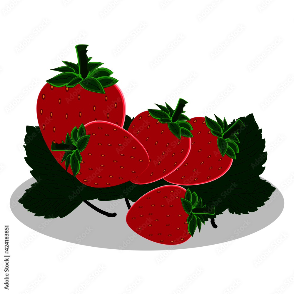 Five strawberries with leaves, vector from Affinity Designer.