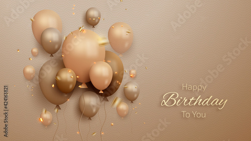 Happy birthday card with luxury balloons and ribbon. 3d realistic style. vector illustration for design.