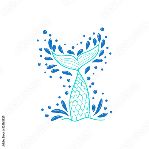 Hand drawn silhouette of mermaid's tail. illustration isolated on white background. Graphic tattoo.