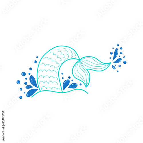 Hand drawn silhouette of mermaid's tail. illustration isolated on white background. Graphic tattoo.