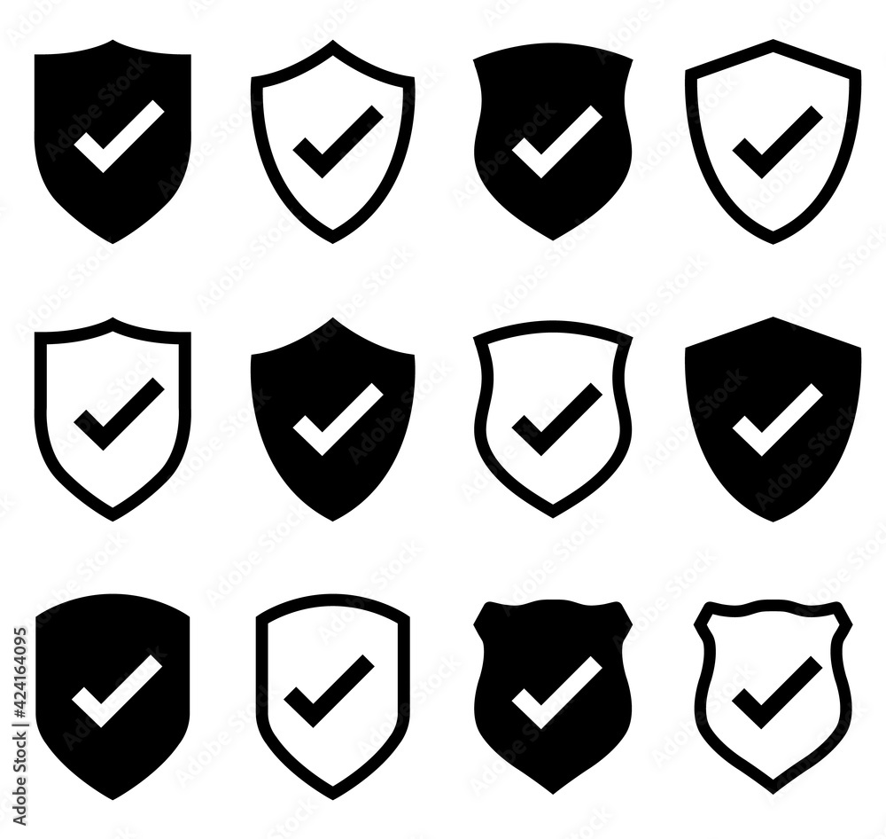Shield check mark. Quality icon, protection logo isolated on white background Shield check mark. Quality icon, protection logo isolated on white background