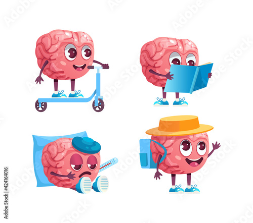 Brain emotion character cartoon set. Сute cartoon mascot rides bike, reads book, goes on hike, is sick and lies with temperature with thermometer. Sad, happy, smiling emotions cartoon