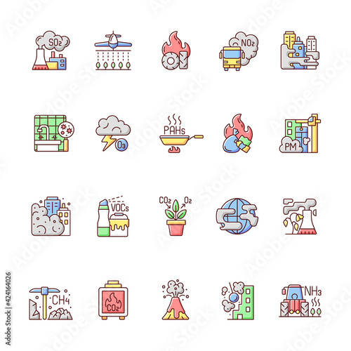 Air pollution RGB color icons set. Fighting pollution disaster problems. People damaging own home planet environment. Humanity problem. Isolated vector illustrations
