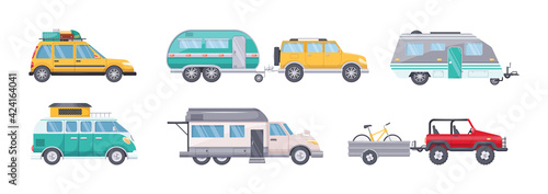 Camping caravan cars for travel adventure. Camper, motorhome, van, home family car, camping trailer transport recreational vehicle. Tourism transport for holiday trip, nature vacation cartoon