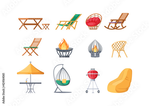 Garden outdoor furniture set. Swing bench seat, bag rocking chair, table with umbrella, hanging hammock, gazebo, fireplaces, barbecue grill, gazebo tent. Furniture for rest relaxation
