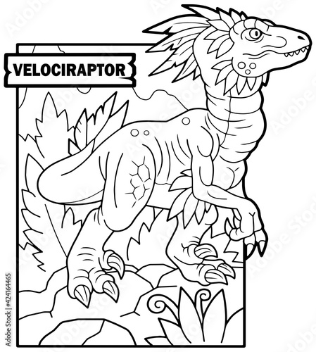 prehistoric dinosaur velociraptor, coloring page, outline illustration
