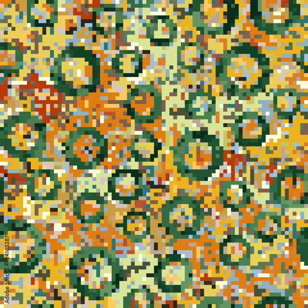 Fototapeta premium Seamless pixel motley pattern. Green rings on a colorful background. Editable.