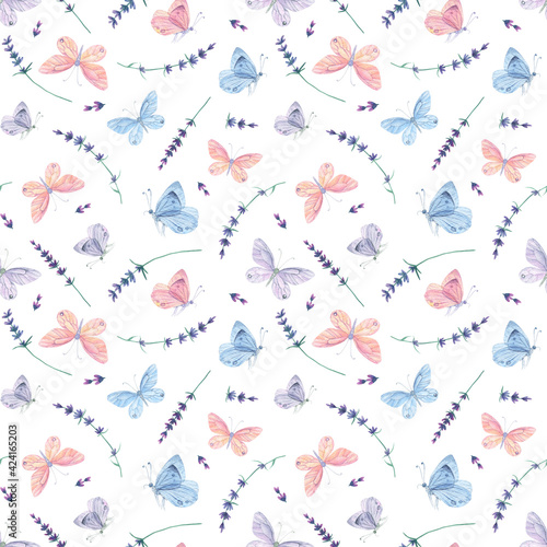 Pink blue butterfly seamless pattern. Watercolor lavender background © inna72