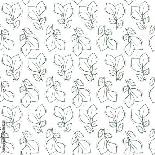 Seamless repeating pattern with four broad leaves. Contour objects on a white.