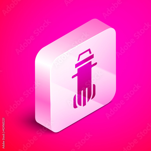 Isometric Water filter icon isolated on pink background. System for filtration of water. Reverse osmosis system. Silver square button. Vector