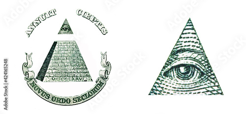 Pyramid of one dollar bill on white background. Macro.Dollar USA , pyramid, Eye of Providence isolated. Extreme closeup. Can be used for successful business projects and advertising.