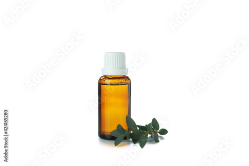 Eucalyptus essential oil in brown bottle isolated on white background