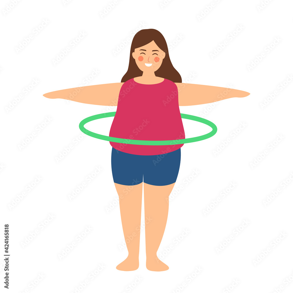 Fat woman exercising spinning hula hoop for better health on white background. Fat woman exercising spinning hula hoop for better health on white background.
