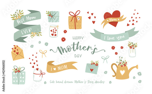 Lovely hand drawn Mother's Day doodle elements, flowers, banderole, lettering and decoration, great for print products, cards, invitations, banners - vector design