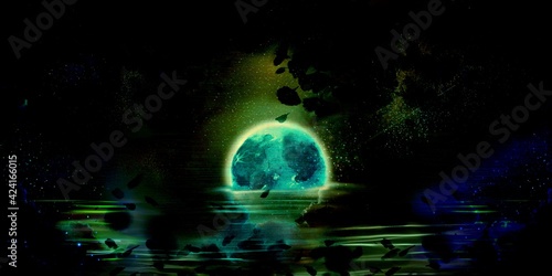 The blue full moon melting in the night sea