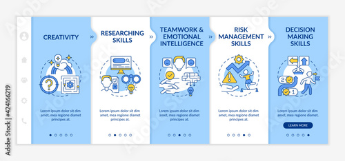 Problem-solving skills onboarding vector template. Responsive mobile website with icons. Web page walkthrough 5 step screens. Creative thinking color concept with linear illustrations