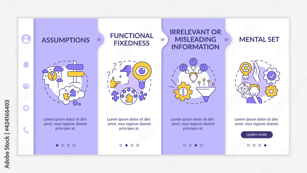 Problem solving obstacles onboarding vector template. Responsive mobile website with icons. Web page walkthrough 4 step screens. Creative thinking color concept with linear illustrations