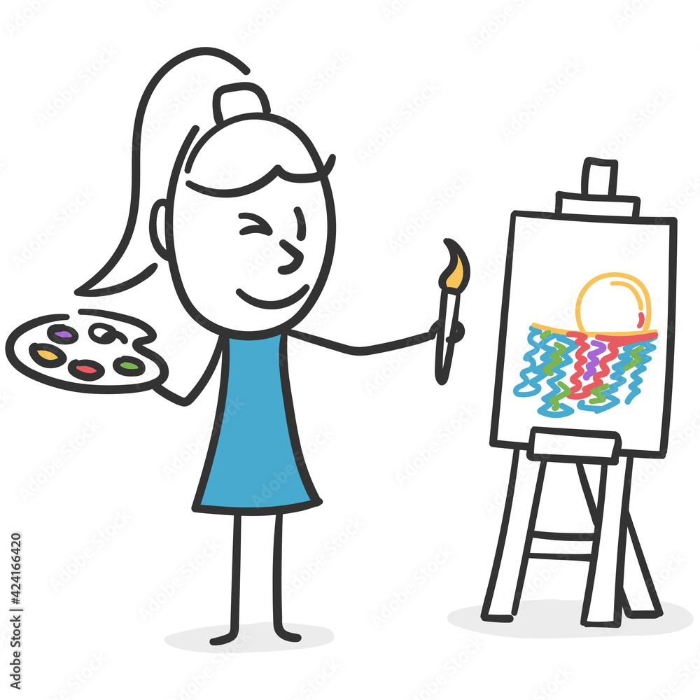 Painter stick woman. Concept of woman capable of expressing her emotions on a canvas Painter stick woman. Concept of woman capable of expressing her emotions on a canvas