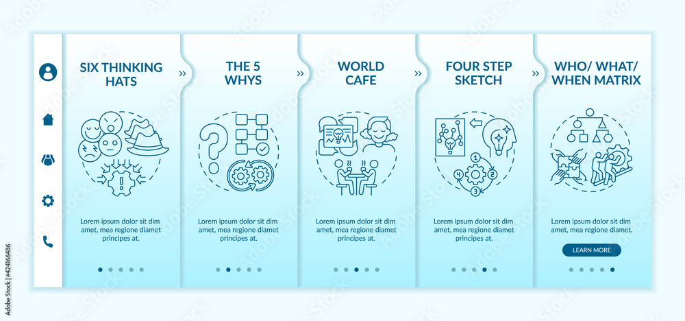 Naklejka premium Problem solving methods onboarding vector template. Responsive mobile website with icons. Web page walkthrough 5 step screens. Creative thinking color concept with linear illustrations