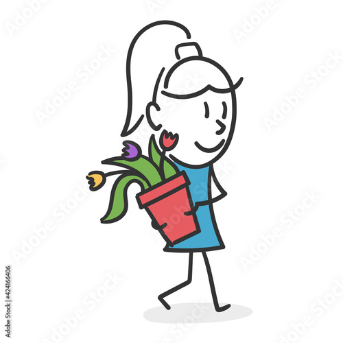 Stick woman with a flowerpot. Concept of woman who works the land and takes care of her plants