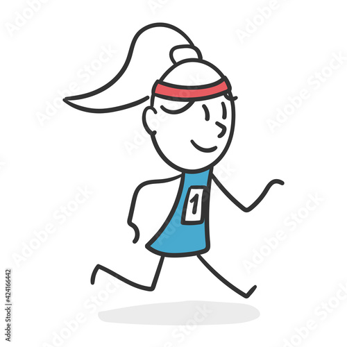 Stick woman runner. Concept of woman participating in a first place winning competition