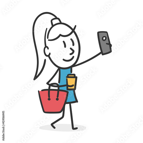 Stick woman takes a selfie. Concept of modern and independent woman sharing selfie with her friends