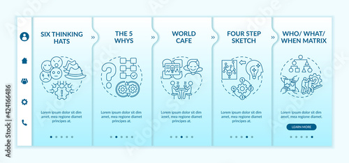 Problem solving methods onboarding vector template. Responsive mobile website with icons. Web page walkthrough 5 step screens. Creative thinking color concept with linear illustrations