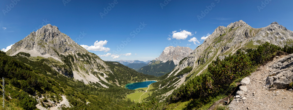 Panorama view of Seebensee lake and Zugspitze mountain in Tyrol, Austria