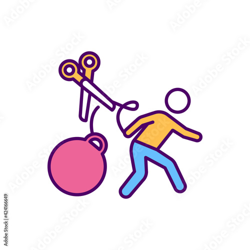Let go of past RGB color icon. Relieved of emotional burden, psychological trauma. Avoid negative attitude. Positive thought. Self improvement and development. Isolated vector illustration