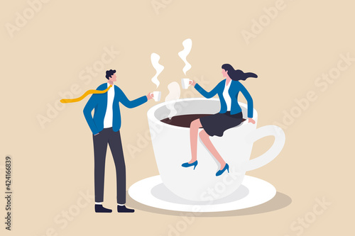 Coffee break, business discussion while having coffee or brainstorming after meeting break concept, businessman and businesswoman colleague take a break having coffee and have a chat.