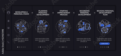 Personal development steps onboarding vector template. Responsive mobile website with icons. Web page walkthrough 5 step screens. Self-improvement dark mode concept with linear illustrations