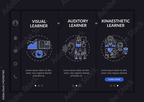 Learning styles onboarding vector template. Responsive mobile website with icons. Web page walkthrough 3 step screens. Academic achievements dark mode concept with linear illustrations