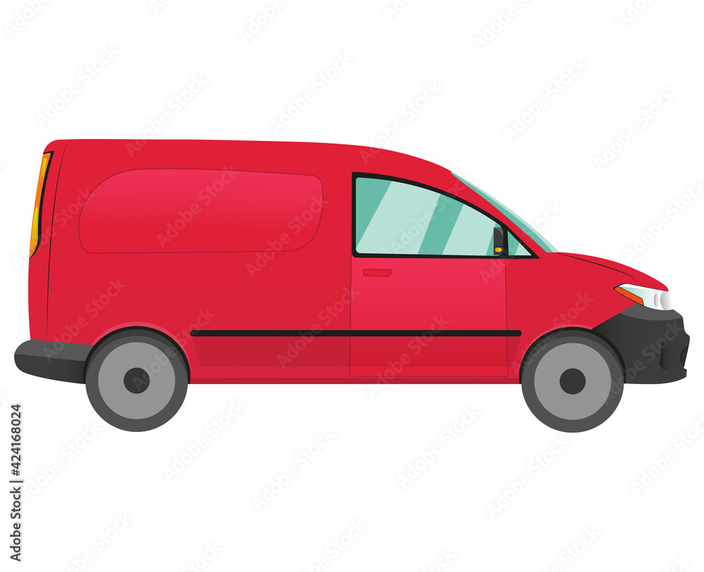 Vector red delivery van on white background. Car with a large trunk for cargo 