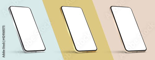 Realistic smartphone mockup. Mobile phone display, isolated device screen metallic rose golden color frame and smart phones Vector EPS