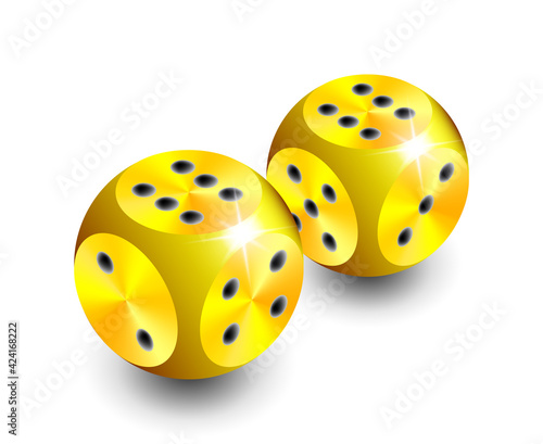 3d happy golden spherical dice with shadows on isolated white background
