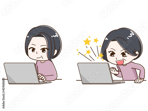 パソコンを操作する→すごく喜ぶ女性　セット