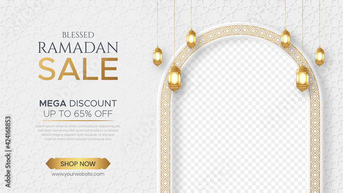 Ramadan Kareem Sale Banner Islamic Ornament Lantern Background, Ramadan sale social media post with empty space for photo