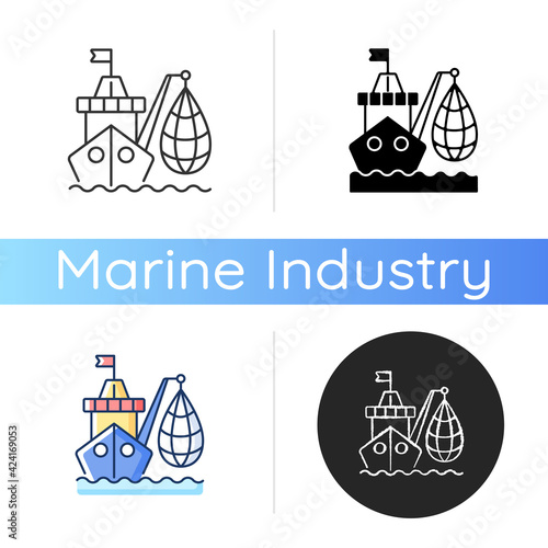 Industrial fishing icon. Selling fish and fish products. Commercial fishing industry. Overfishing endanger. Efficient catches. Linear black and RGB color styles. Isolated vector illustrations