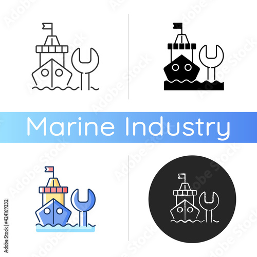 Ship maintenance and repair icon. Repairing floating vessels. Naval engineering. Keeping mechanical equipment going. Linear black and RGB color styles. Isolated vector illustrations