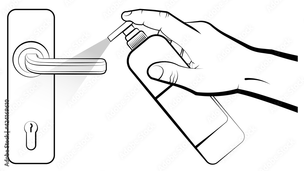 man hand sprays disinfectant liquid from sanitizer on doorknob. Disinfection of surfaces. Fighting infection, hygiene. Isolated vector on white background man hand sprays disinfectant liquid from sanitizer on doorknob. Disinfection of surfaces. Fighting infection, hygiene. Isolated vector on white background