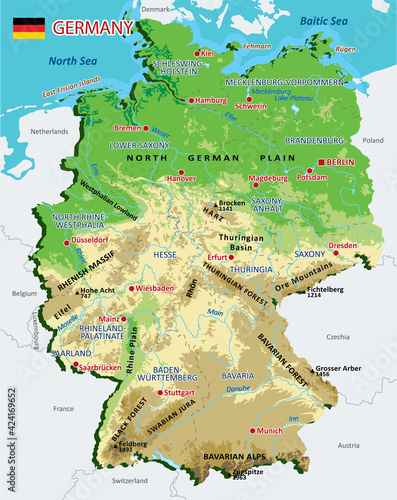 High detailed Germany physical map with regions, rivers, lakes, mountains and topography - Vector illustration