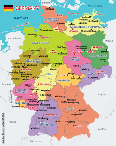 Fototapeta Naklejka Na Ścianę i Meble -  Vector Map of Germany with detailed Administrative divisions and borders, City and Region Names and international bordering countries in bright colors palette
