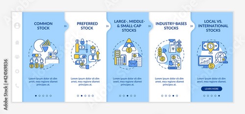 Investment stocks types onboarding vector template. Responsive mobile website with icons. Web page walkthrough 5 step screens. Common, small-cap, local assets color concept with linear illustrations