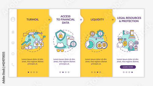 Global asset challenges onboarding vector template. Responsive mobile website with icons. Web page walkthrough 4 step screens. Access to financial data, turmoil color concept with linear illustrations