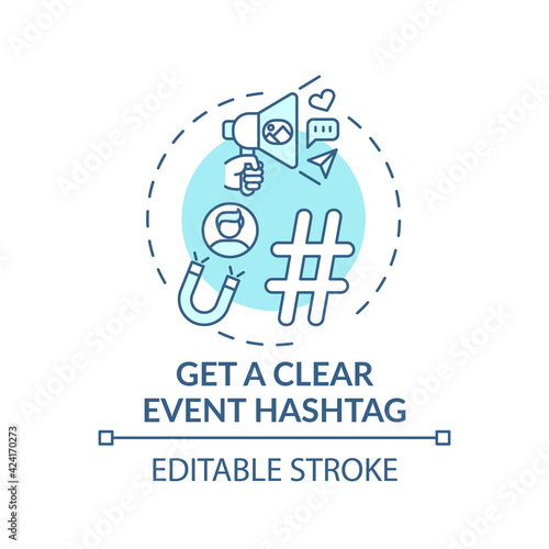 Getting clear event hashtag concept icon. VE marketing tip idea thin line illustration. Hashtag strategy. Sharing ideas about session topics. Vector isolated outline RGB color drawing. Editable stroke